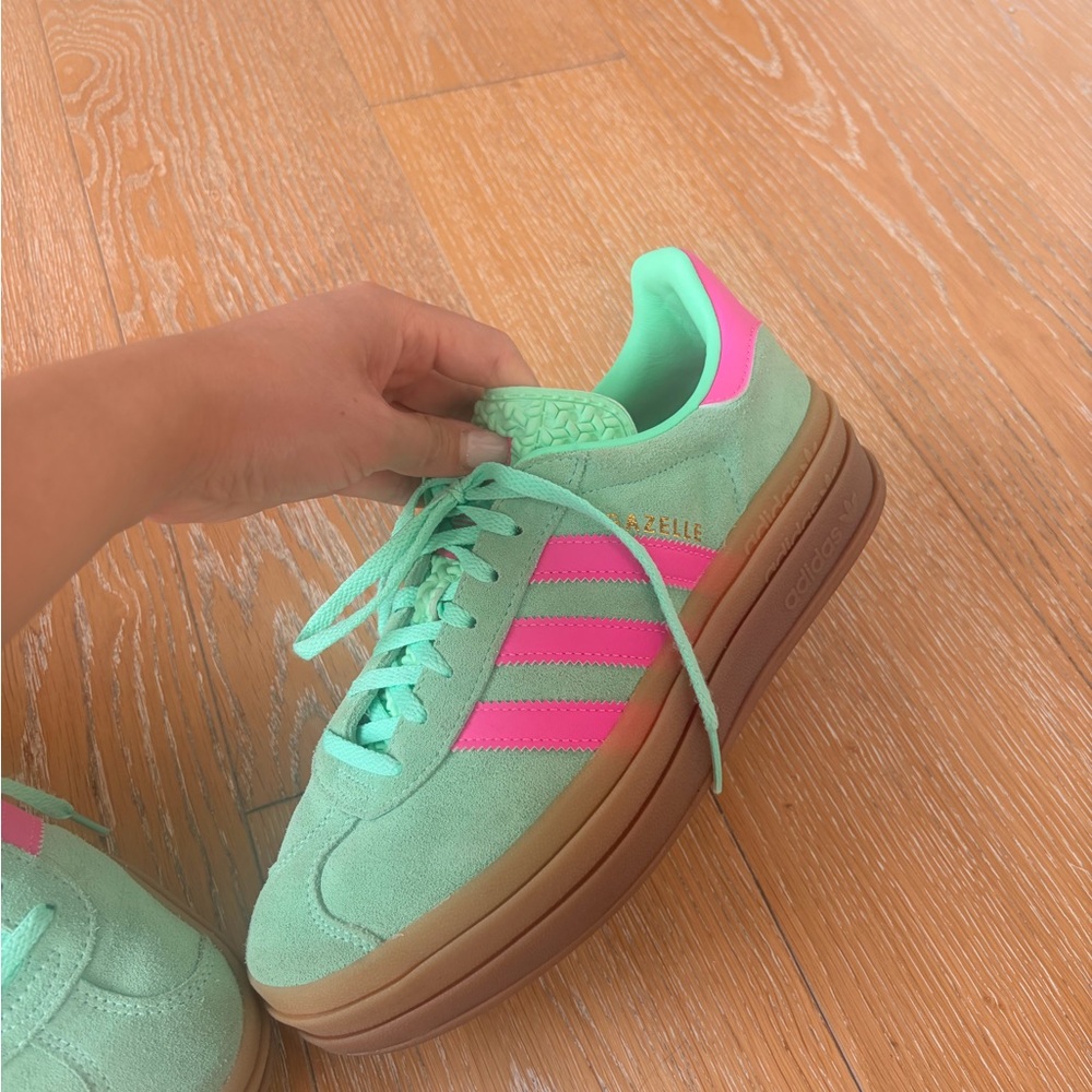 adidas Women's Mint Green and Hot Pink Suede Sneakers - Picture 3 of 5
